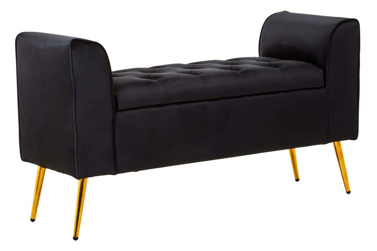 Loretta Black Velvet Storage Bench With Gold Finish Legs