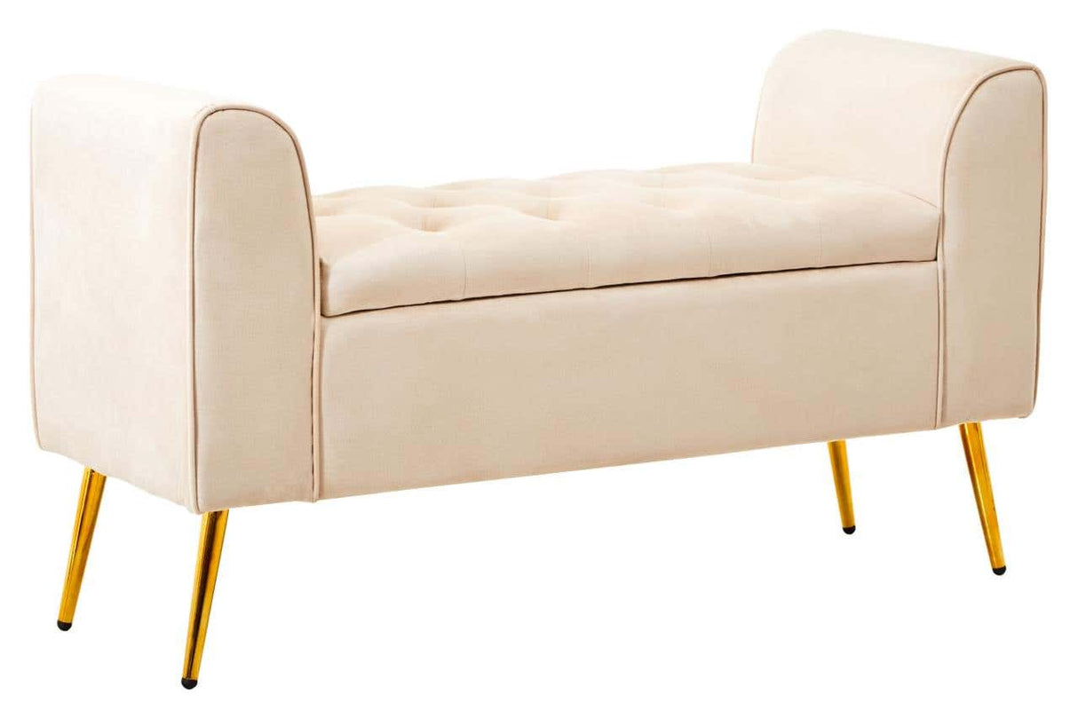 Loretta stone velvet storage bench with gold finish iron legs