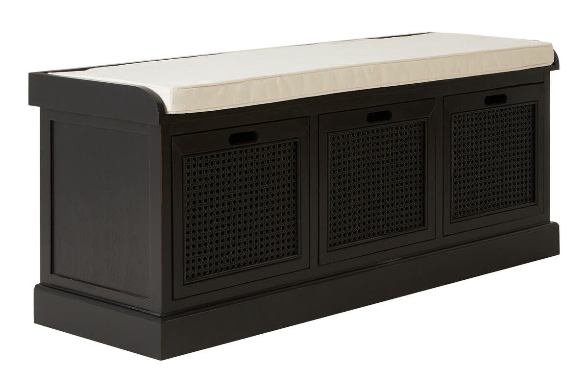 Heritage Black Three Drawer Wooden and Rattan Storage Bench with Cushion