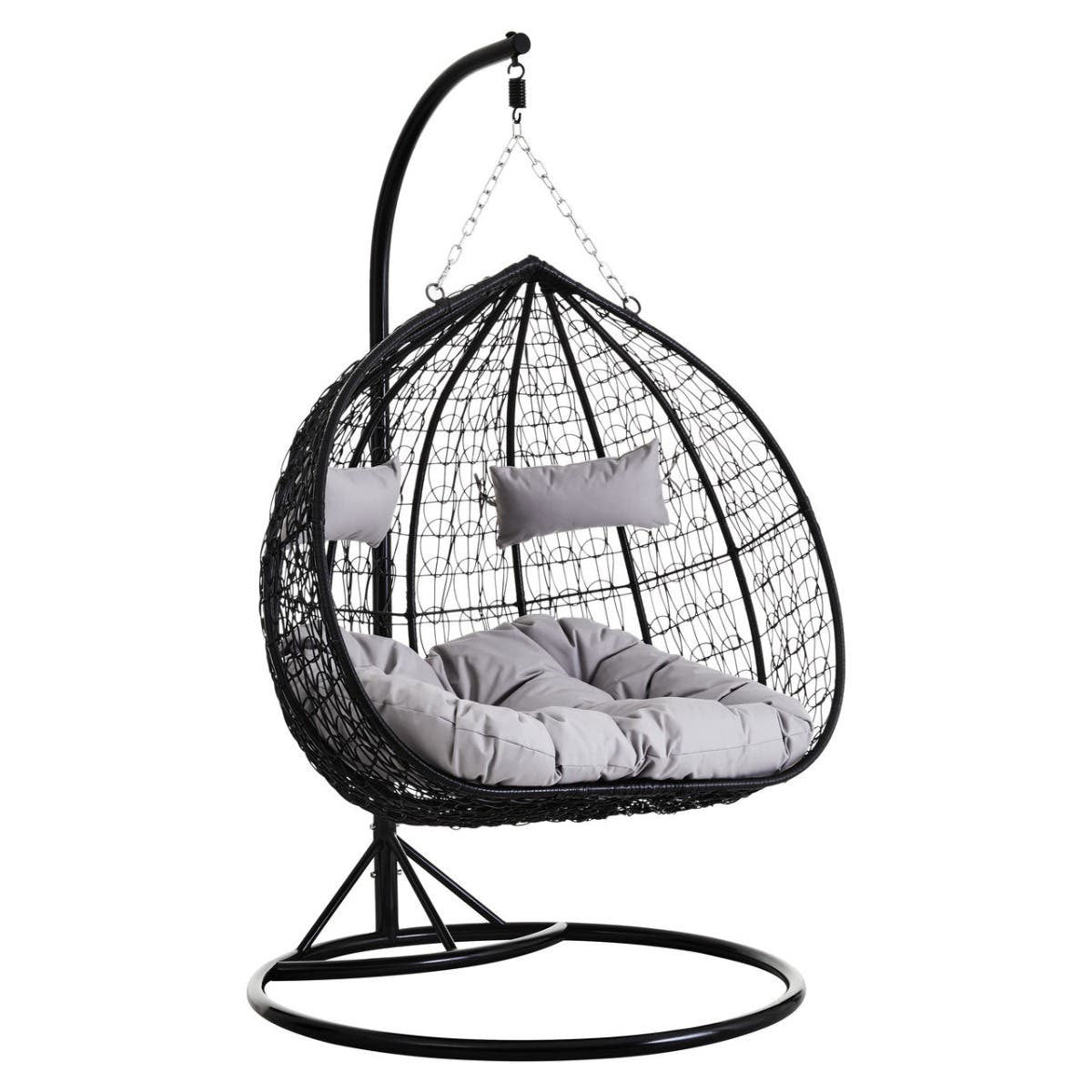 Goa Black Rattan Effect Double Hanging Chair With Grey Cushions