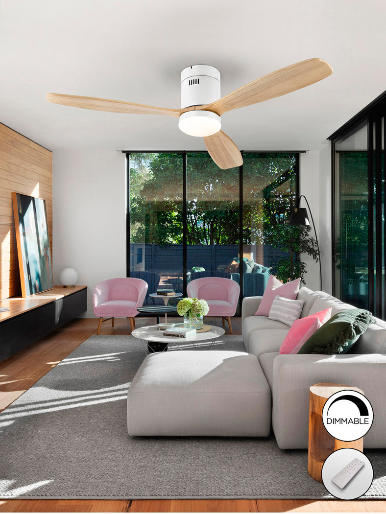 Siroco White Wooden Ceiling Fan with Dimmable Light
