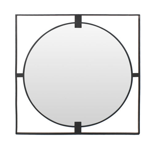 Trento Large Square Black Metal Frame Round Insert Wall Mirror