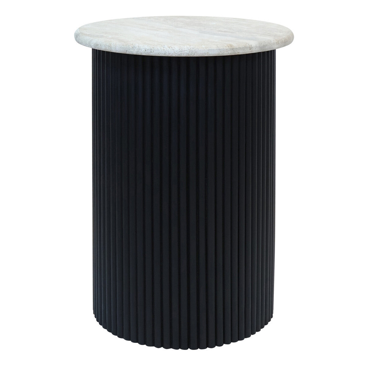Walton Travertine Top Side Table with Black Acacia Wood Base