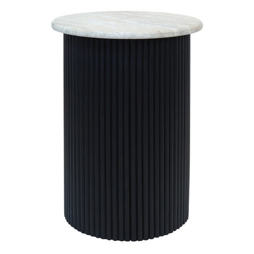 Walton Travertine Top Side Table with Black Acacia Wood Base