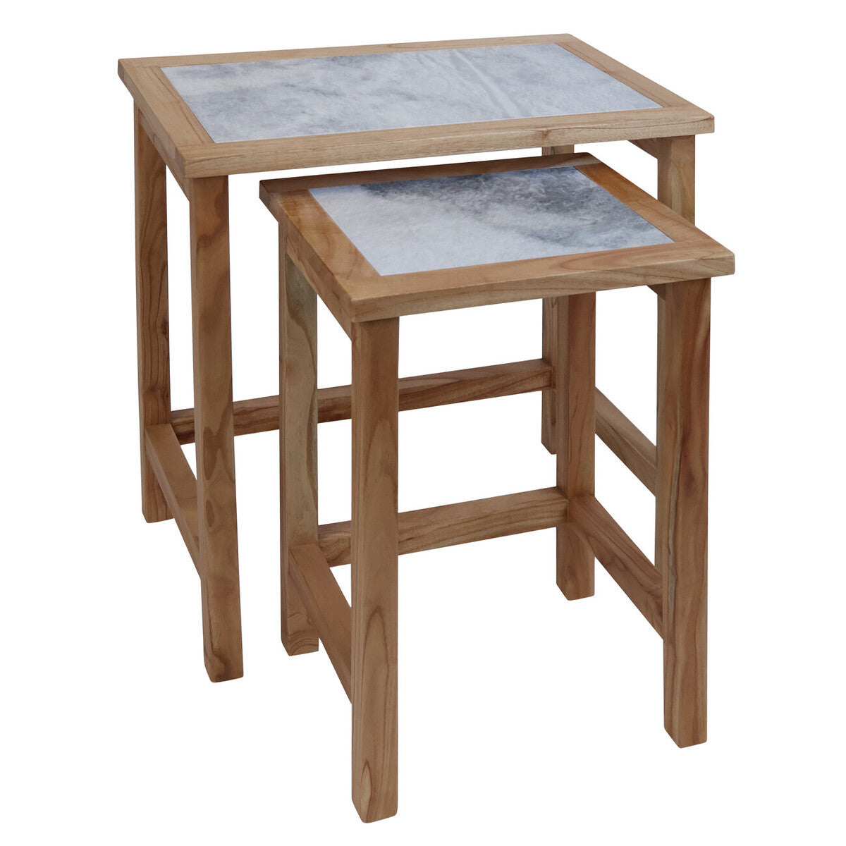 Womad Large Set Of 2 Wooden Side Tables With White Marble Tops