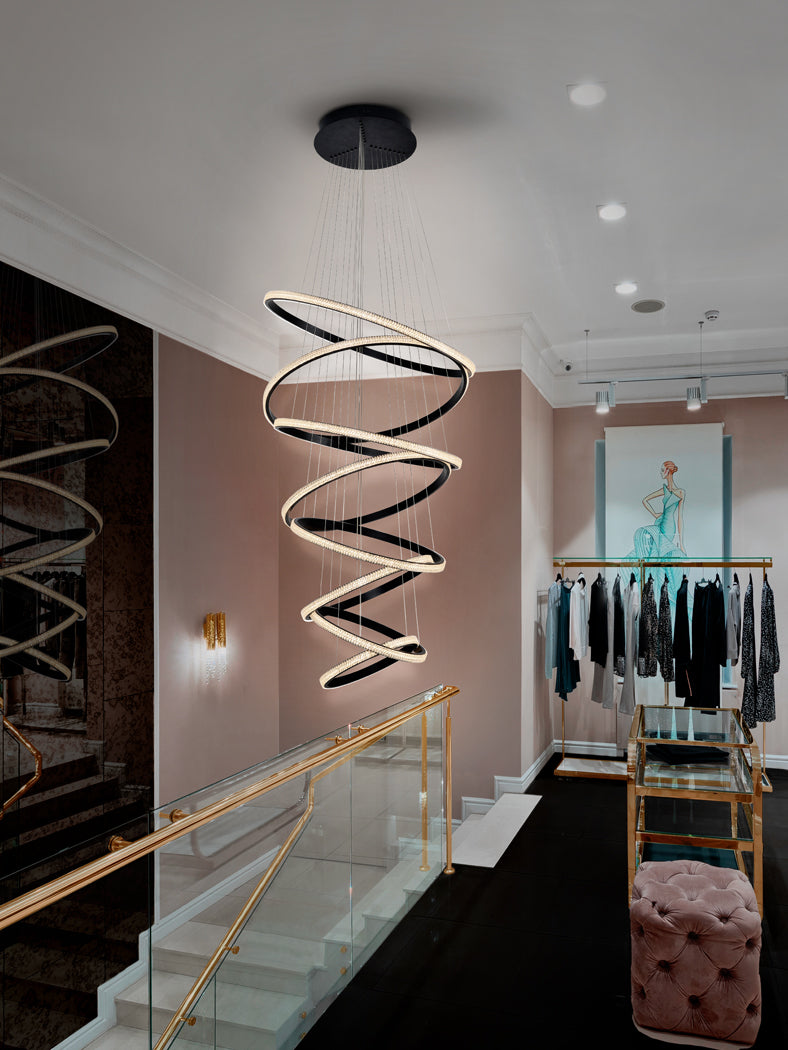 Dimmable Black Ring Chandelier with 8 Rings, 3000K Warm Light