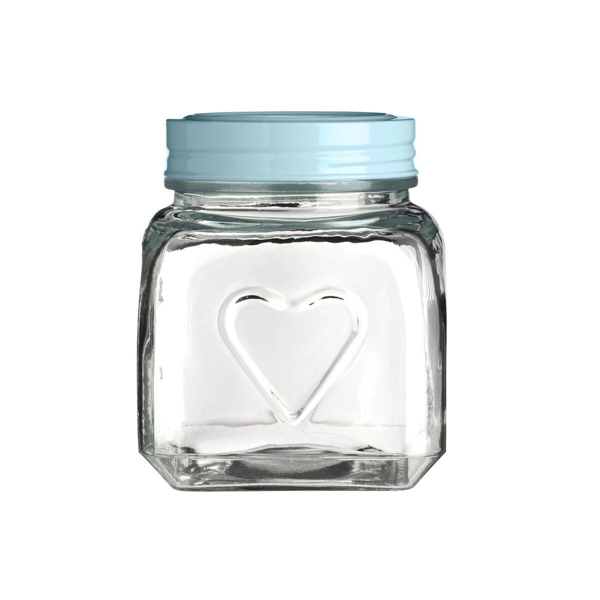 Embossed Heart 900ml Glass Jar with Aqua Blue Lid.