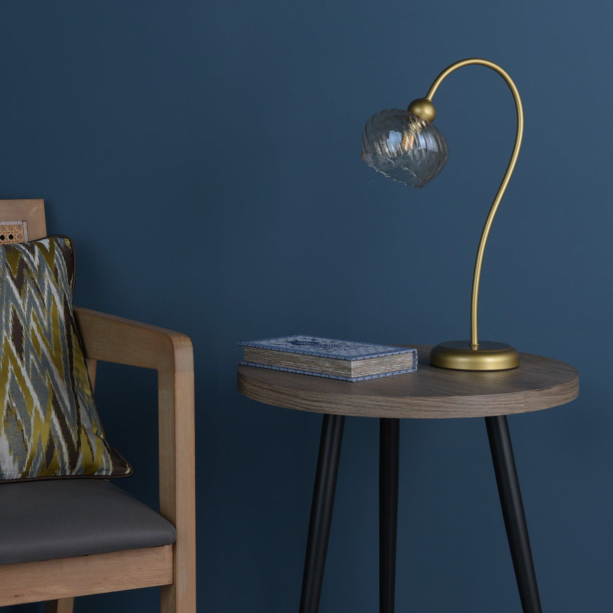Cognac Table Lamp Satin Gold and Champagne Ribbed Glass