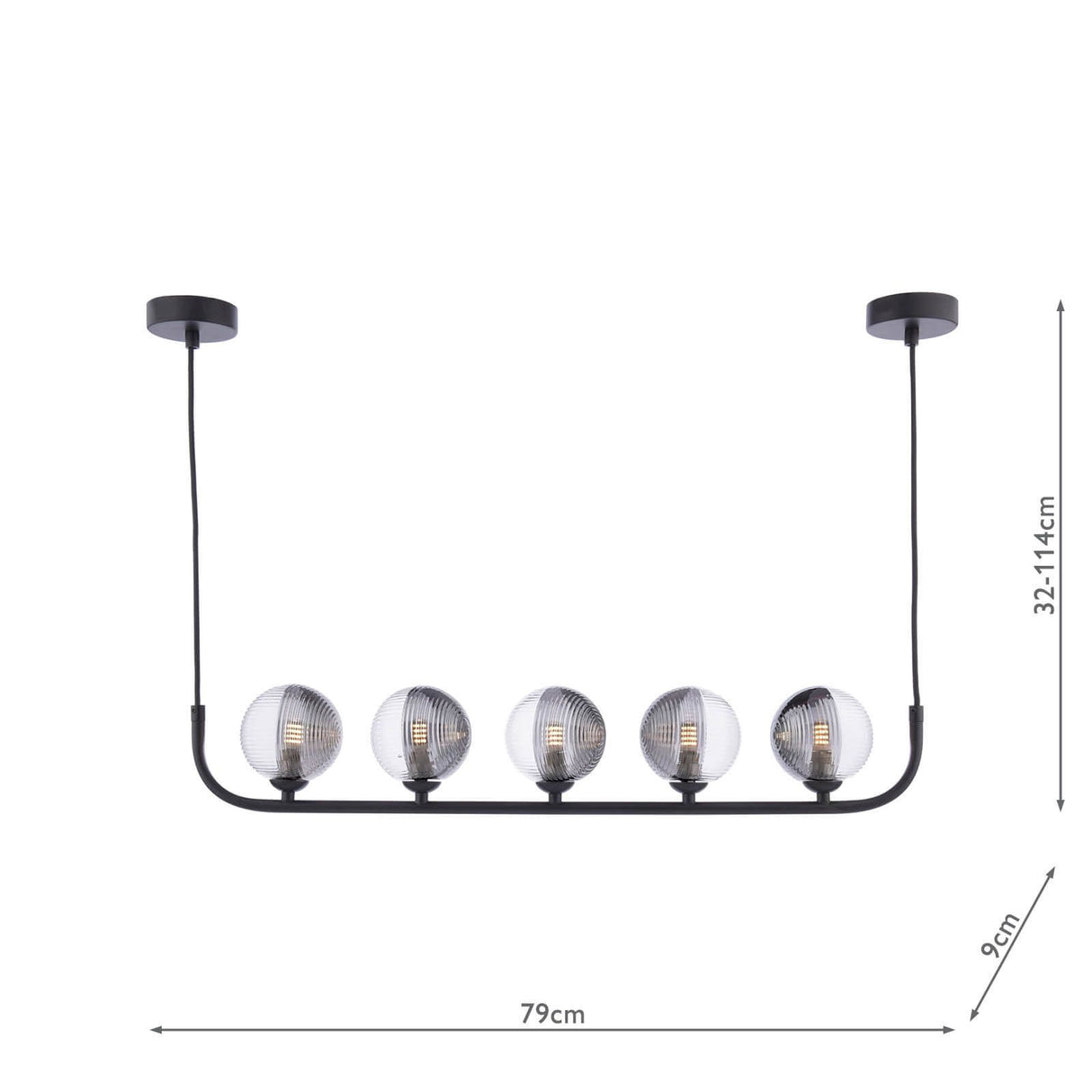 Cradle 5 Light Bar Pendant Matt Black With Smoked/Clear Ribbed Glass