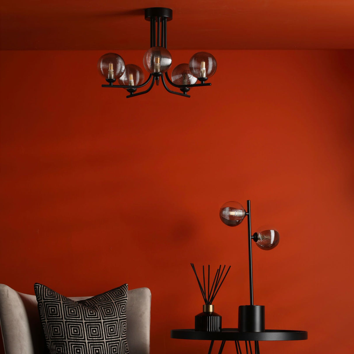 Cradle 5 Light Semi Flush Matt Black With Smoked/Clear Ribbed Glass