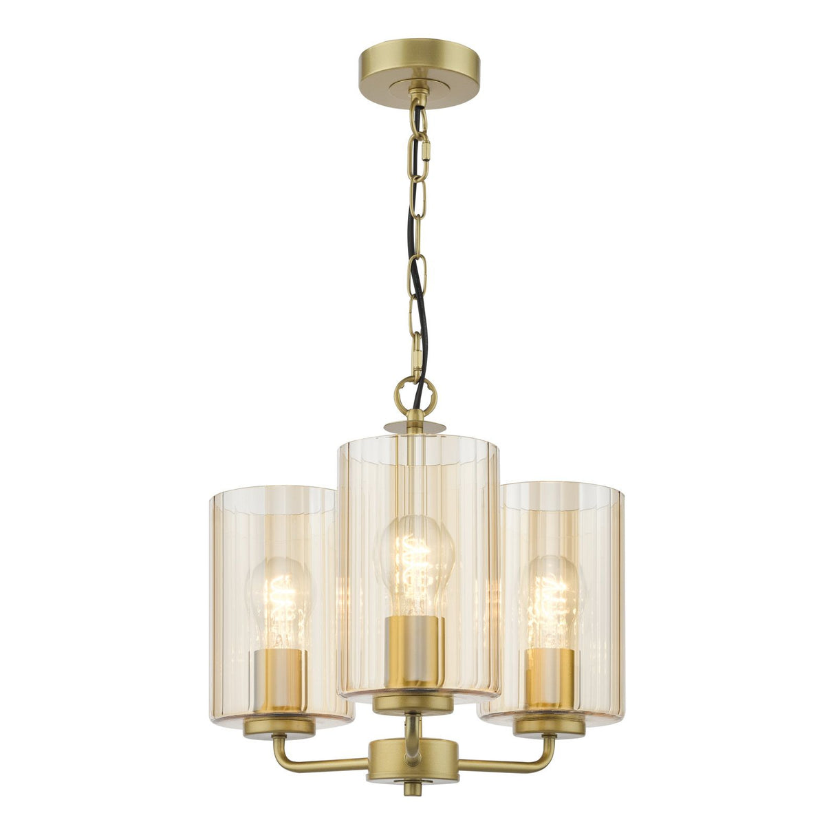 Daylin 3 Light Pendant Satin Gold and Amber Ribbed Glass