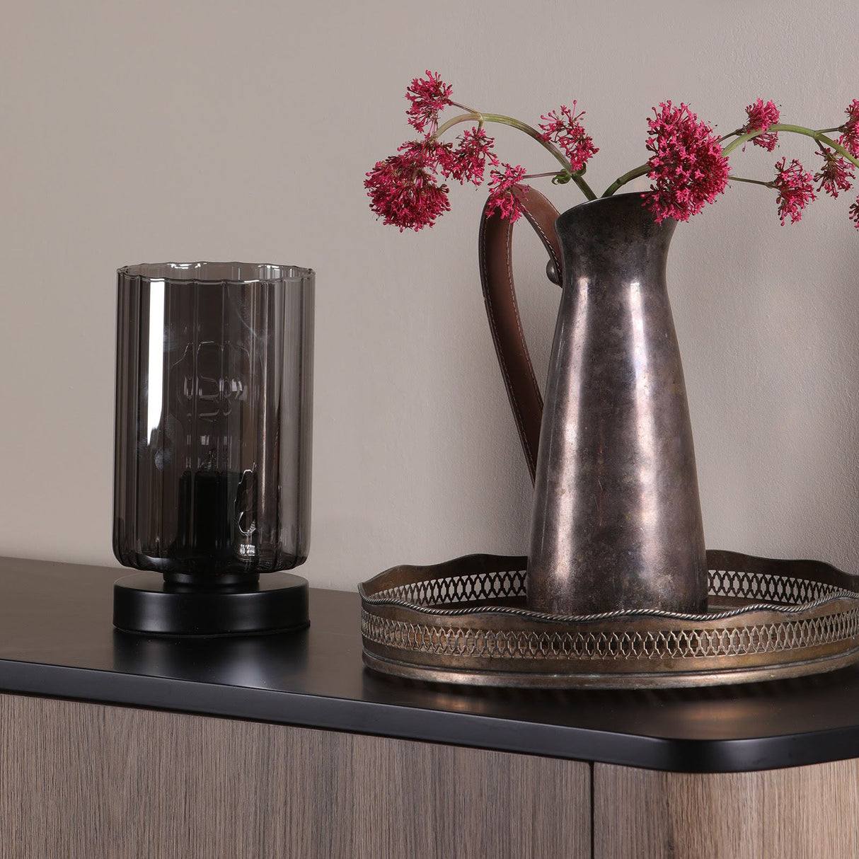 Daylin Table Lamp Satin Black and Smoked Ribbed Glass
