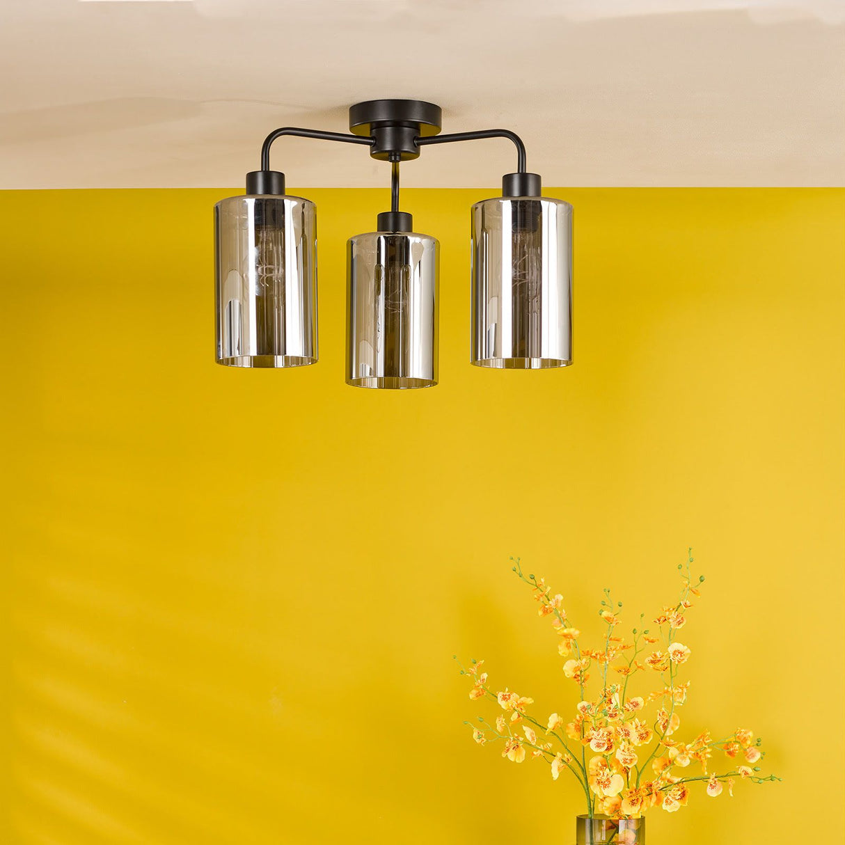 Daylin 3 Light Semi-Flush Satin Black and Smoked Ribbed Glass