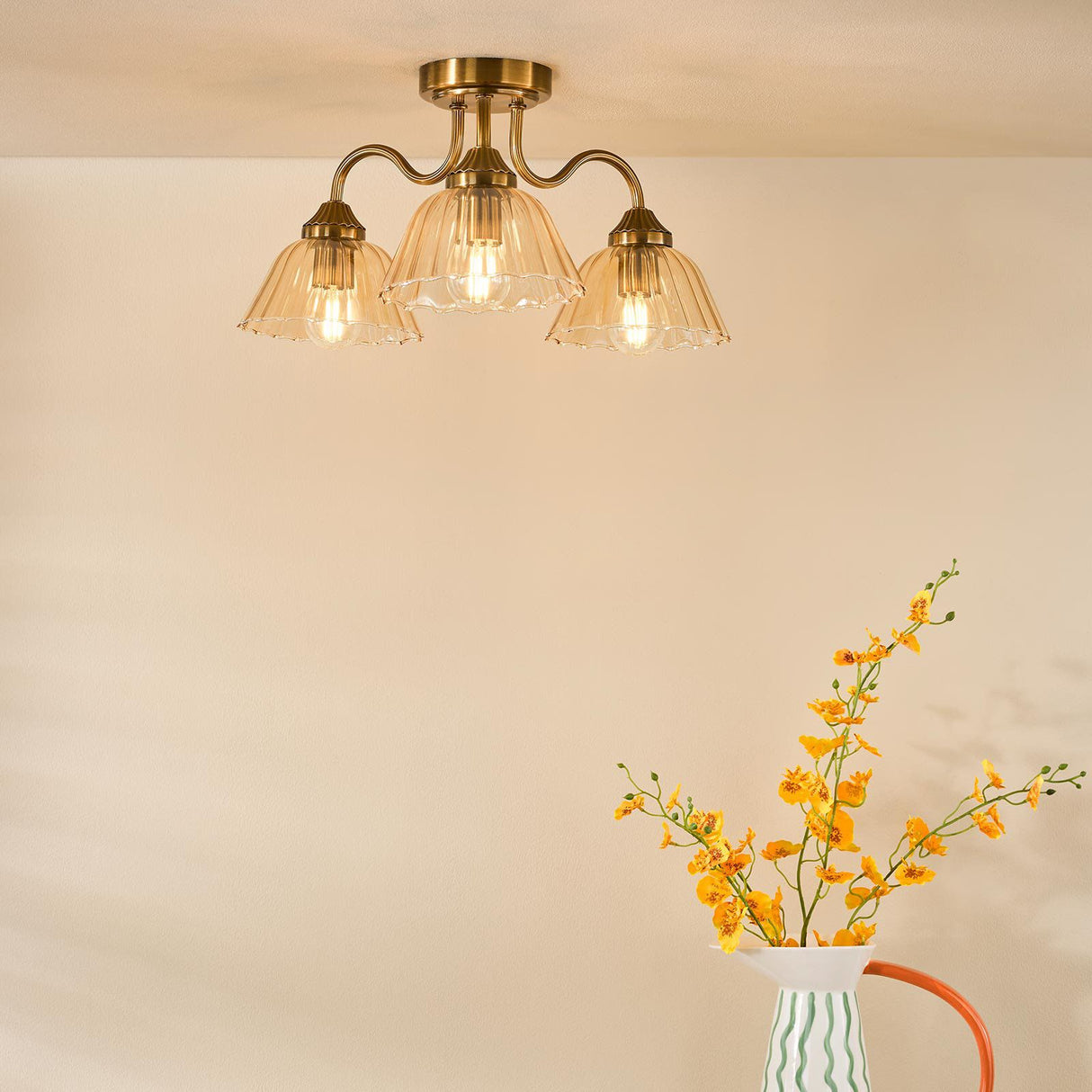 Erika 3 Light Semi-Flush Antique Bronze and Amber Glass