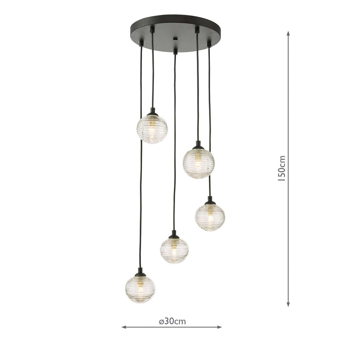 Federico 5 Light Cluster Pendant Matt Black With Ribbed Glass