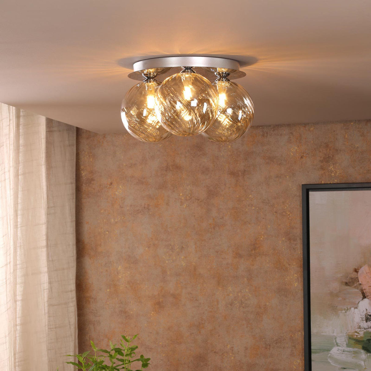 Foley 3 Light Flush Polished Chrome With Twisted Amber Glass