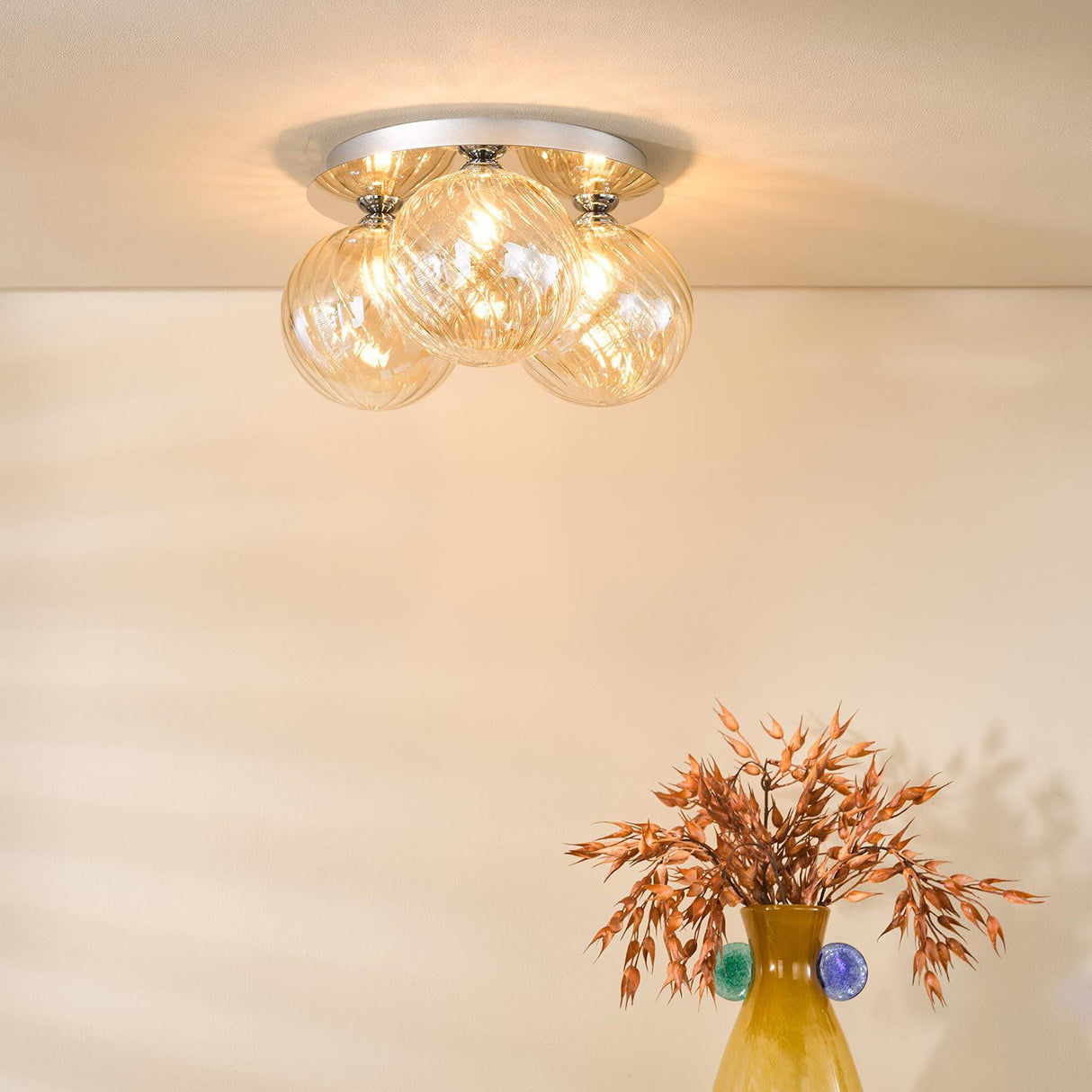 Foley 3 Light Flush Polished Chrome With Twisted Amber Glass