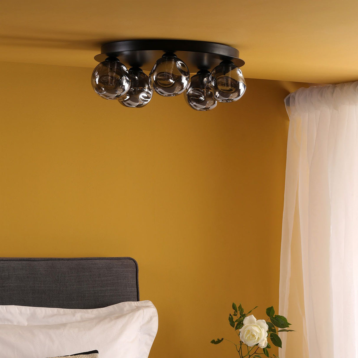 Foley 5 Light Flush Matt Black With Closed Organic Smoked Glass