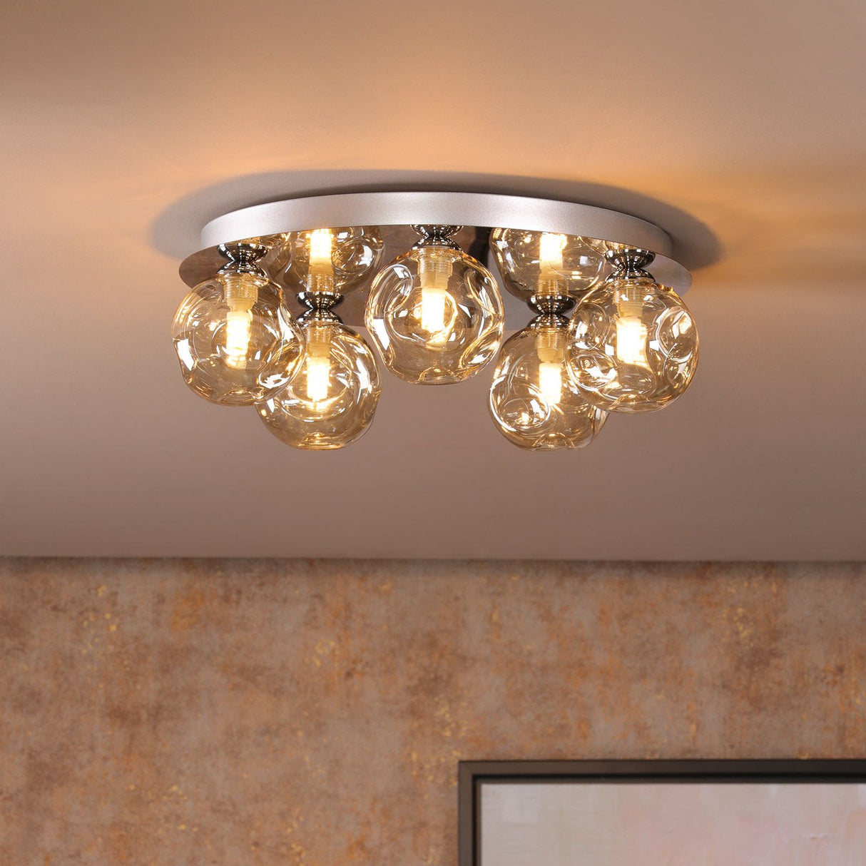 Foley 5 Light Flush Polished Chrome With Closed Organic Amber Glass