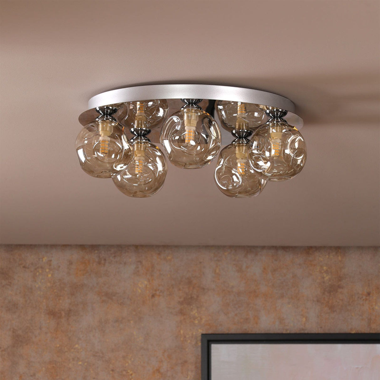 Foley 5 Light Flush Polished Chrome With Closed Organic Amber Glass