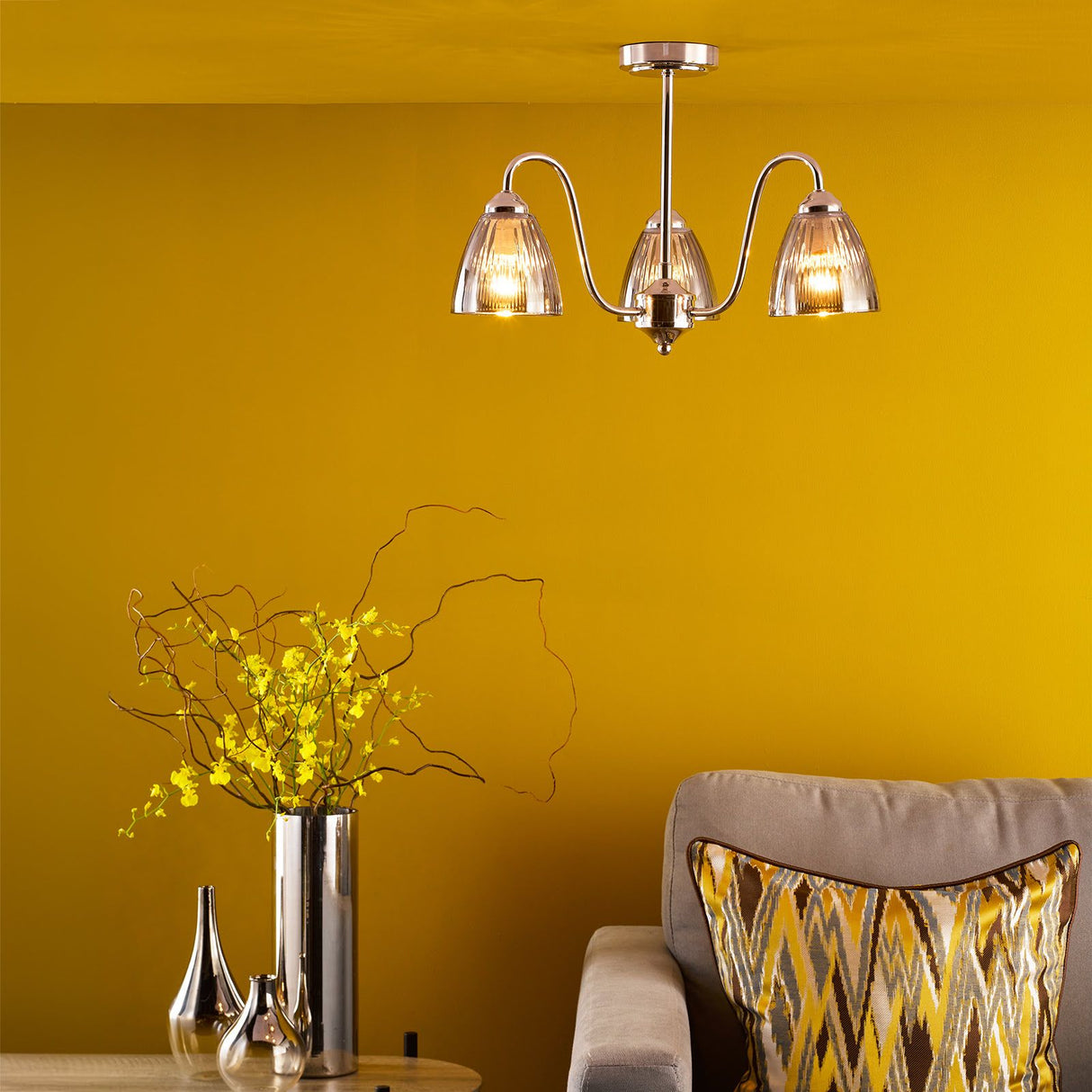 Glynis 3 Light Semi-Flush Polished Nickel and Smoked Ribbed Glass