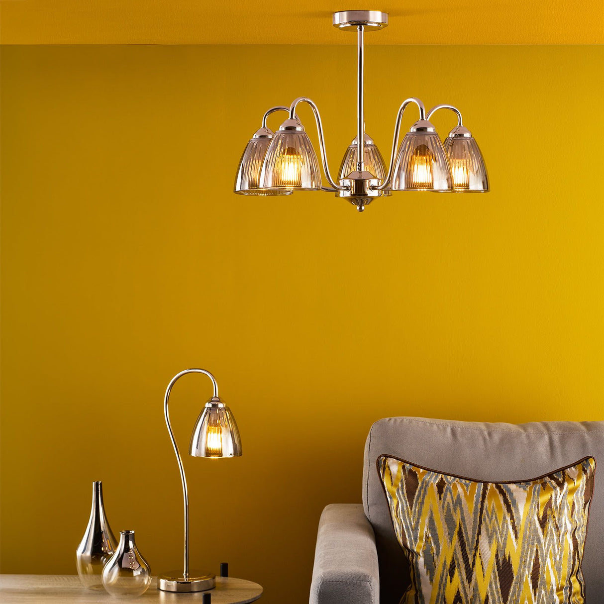 Glynis 5 Light Semi-Flush Polished Nickel and Smoked Ribbed Glass