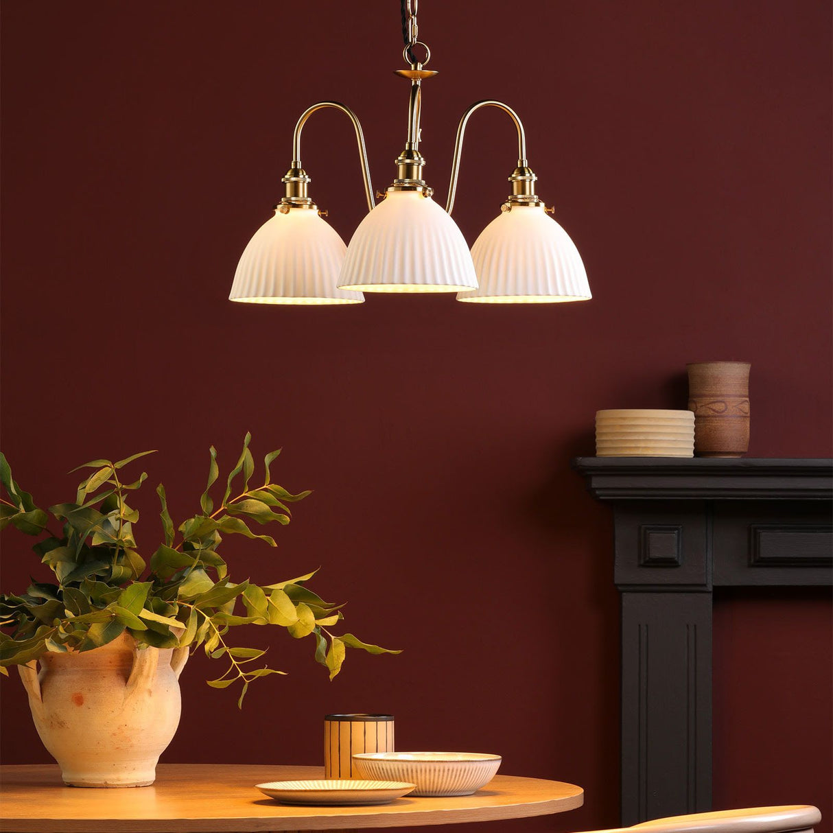 Hadano 3 Light Pendant Natural Brass and White