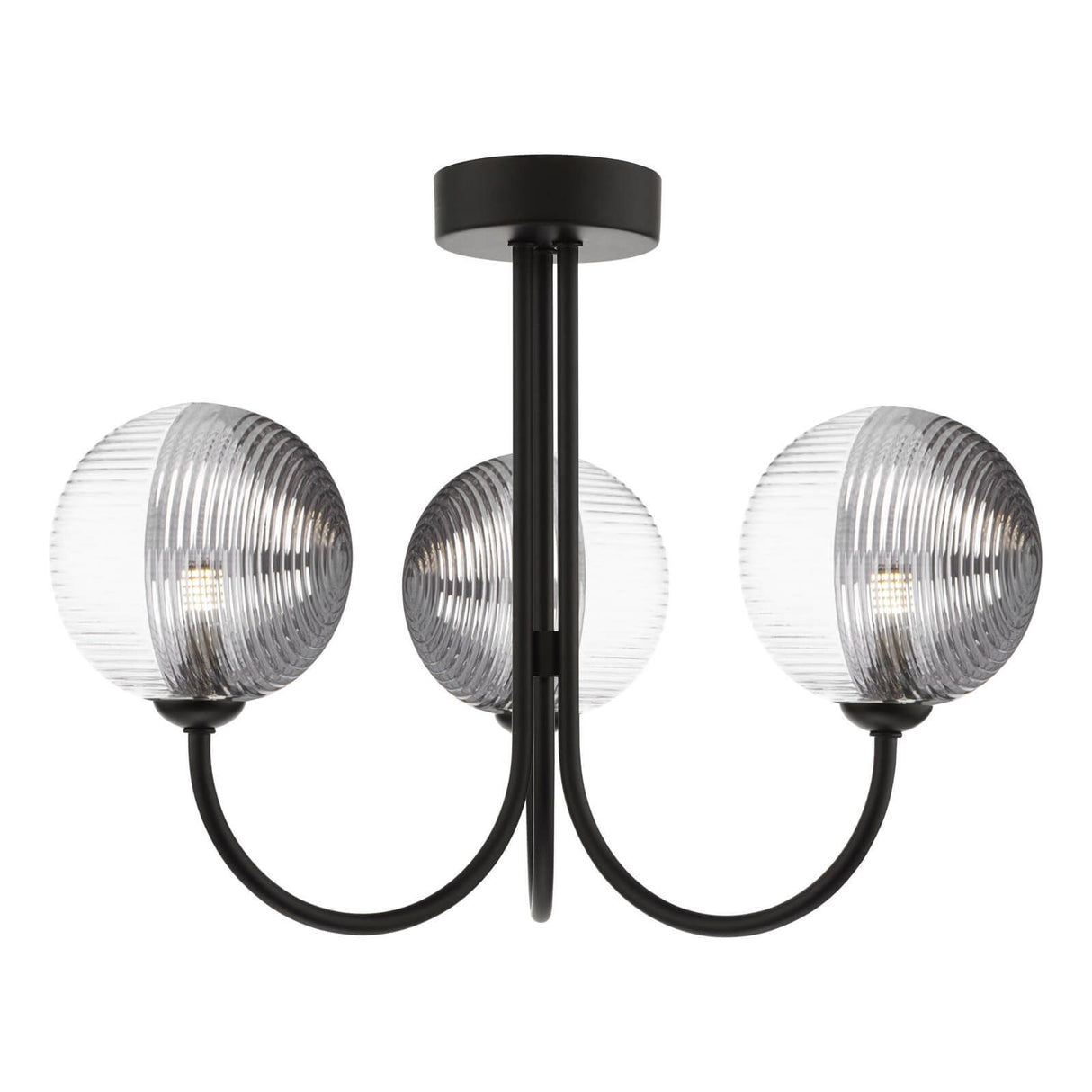 Jared 3 Light Semi Flush Matt Black With Smoked/Clear Ribbed Glass