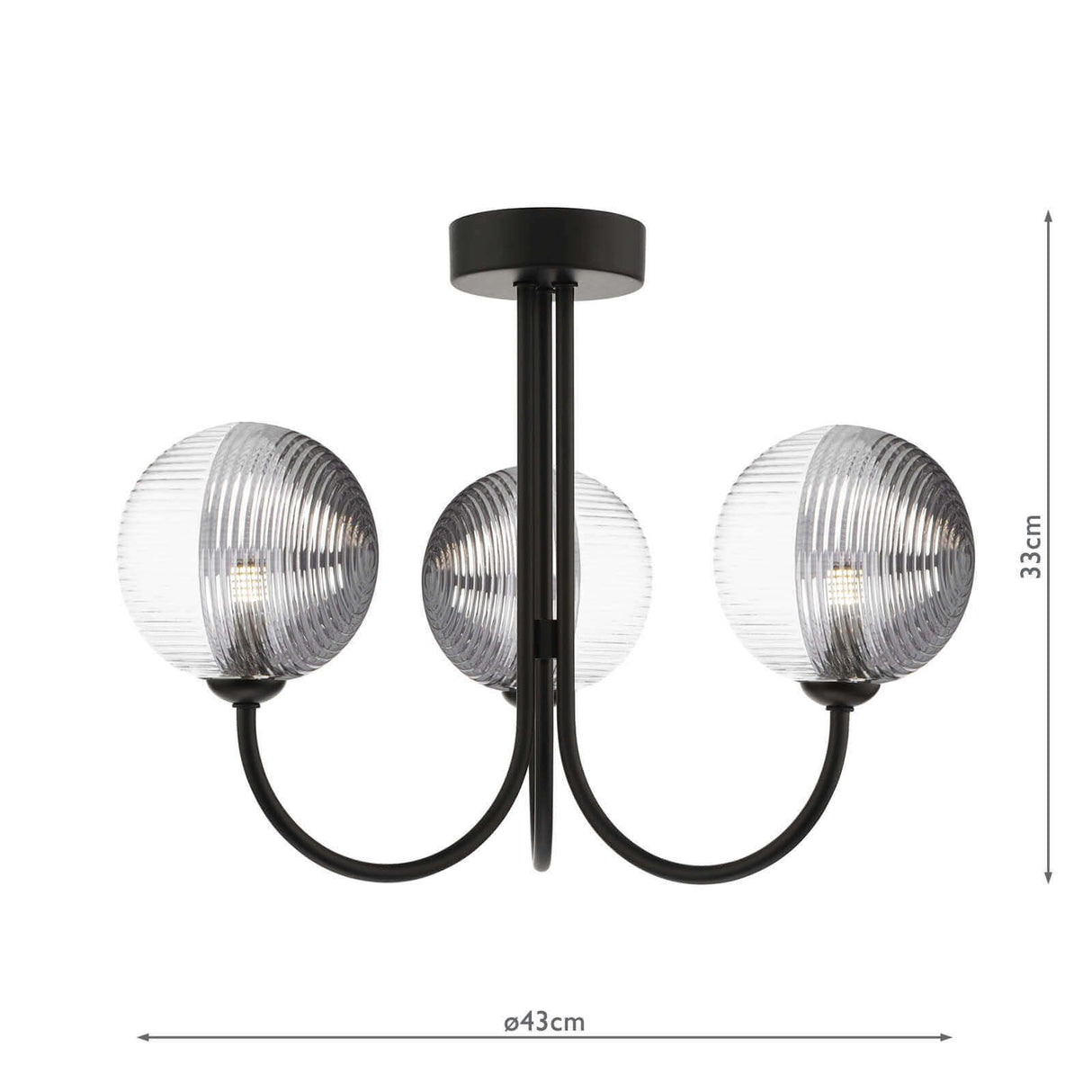 Jared 3 Light Semi Flush Matt Black With Smoked/Clear Ribbed Glass