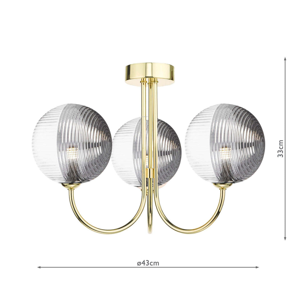 Jared 3 Light Semi Flush Polished Gold With Smoked/Clear Ribbed Glass