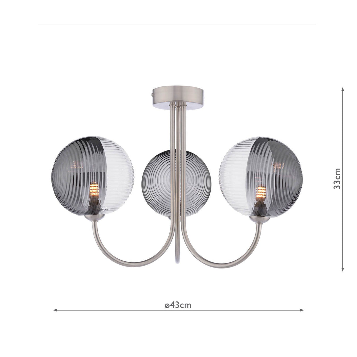 Jared 3 Light Semi-Flush Satin Nickel With Smoked/Clear Ribbed Glass