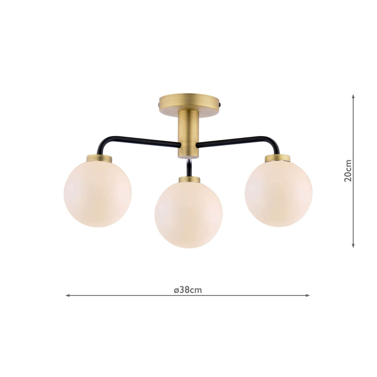 Lainey 3 Light Semi-Flush Matt Black and Antique Brass With Opal Glass