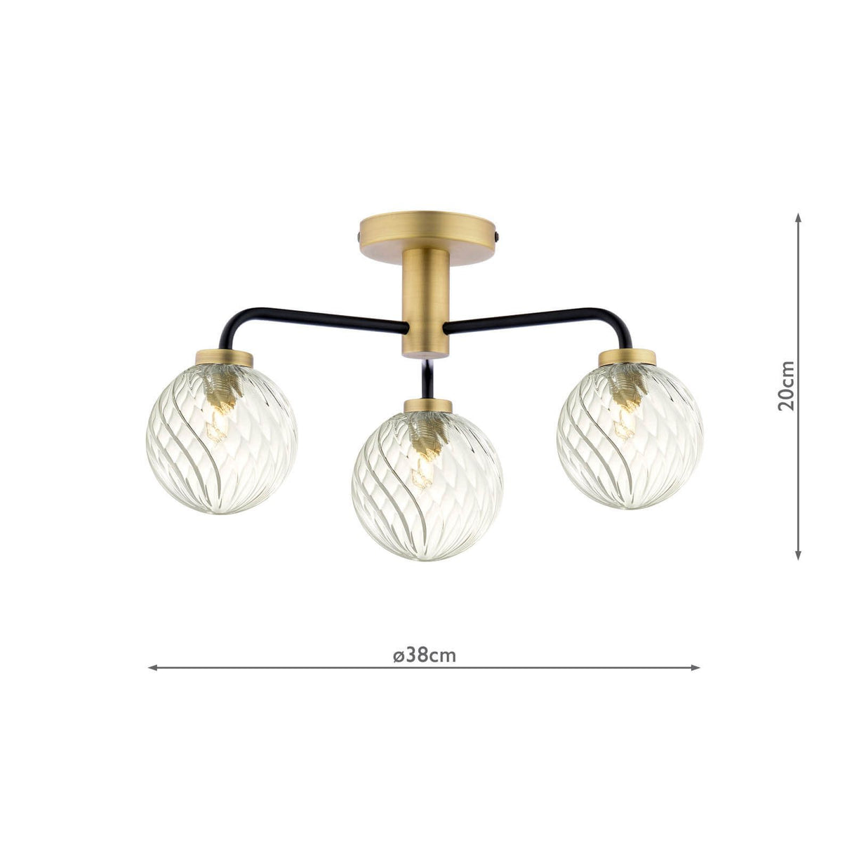 Lainey 3 Light Semi-Flush Matt Black and Antique Brass With Twisted Glass