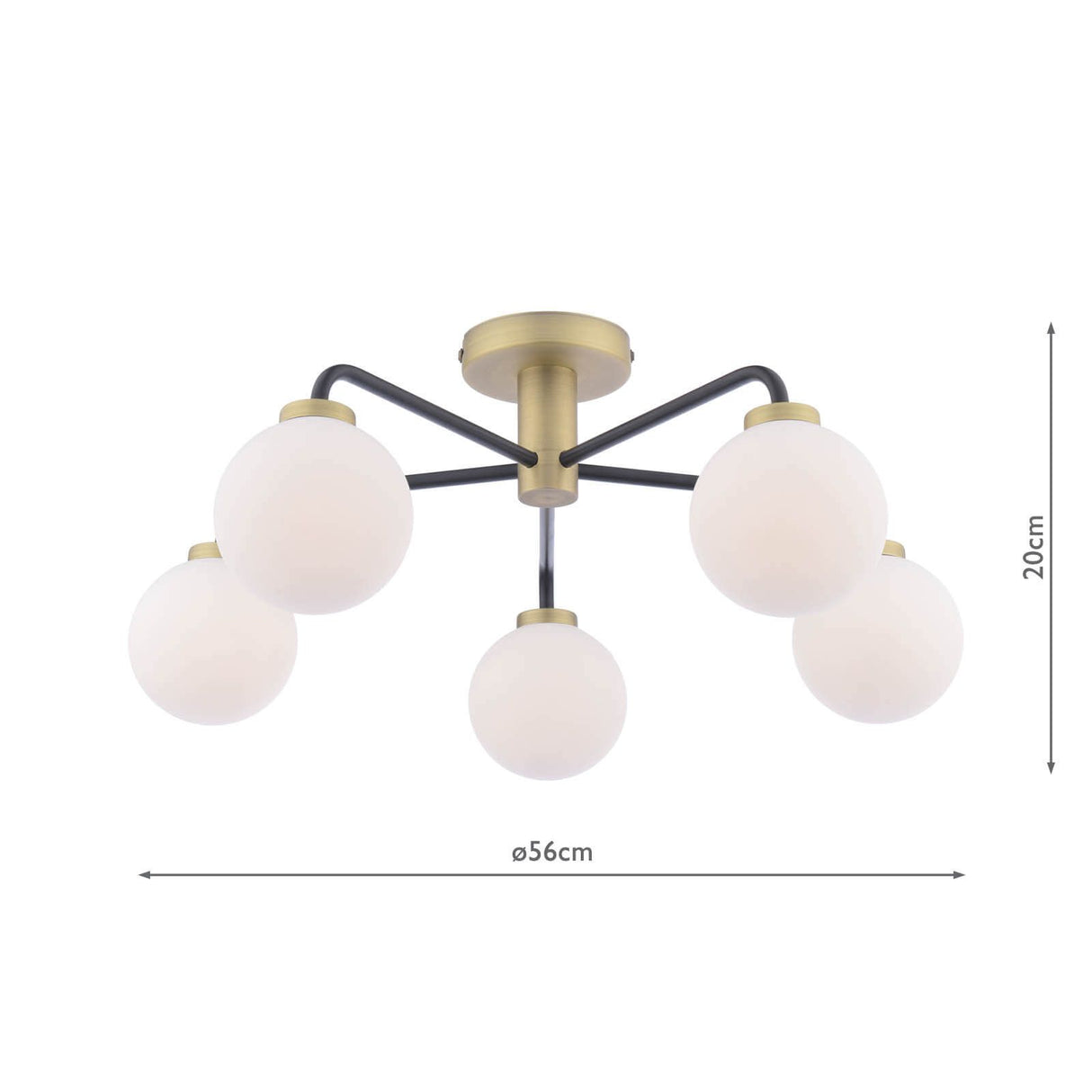 Lainey 5 Light Semi-Flush Matt Black and Antique Brass With Opal Glass