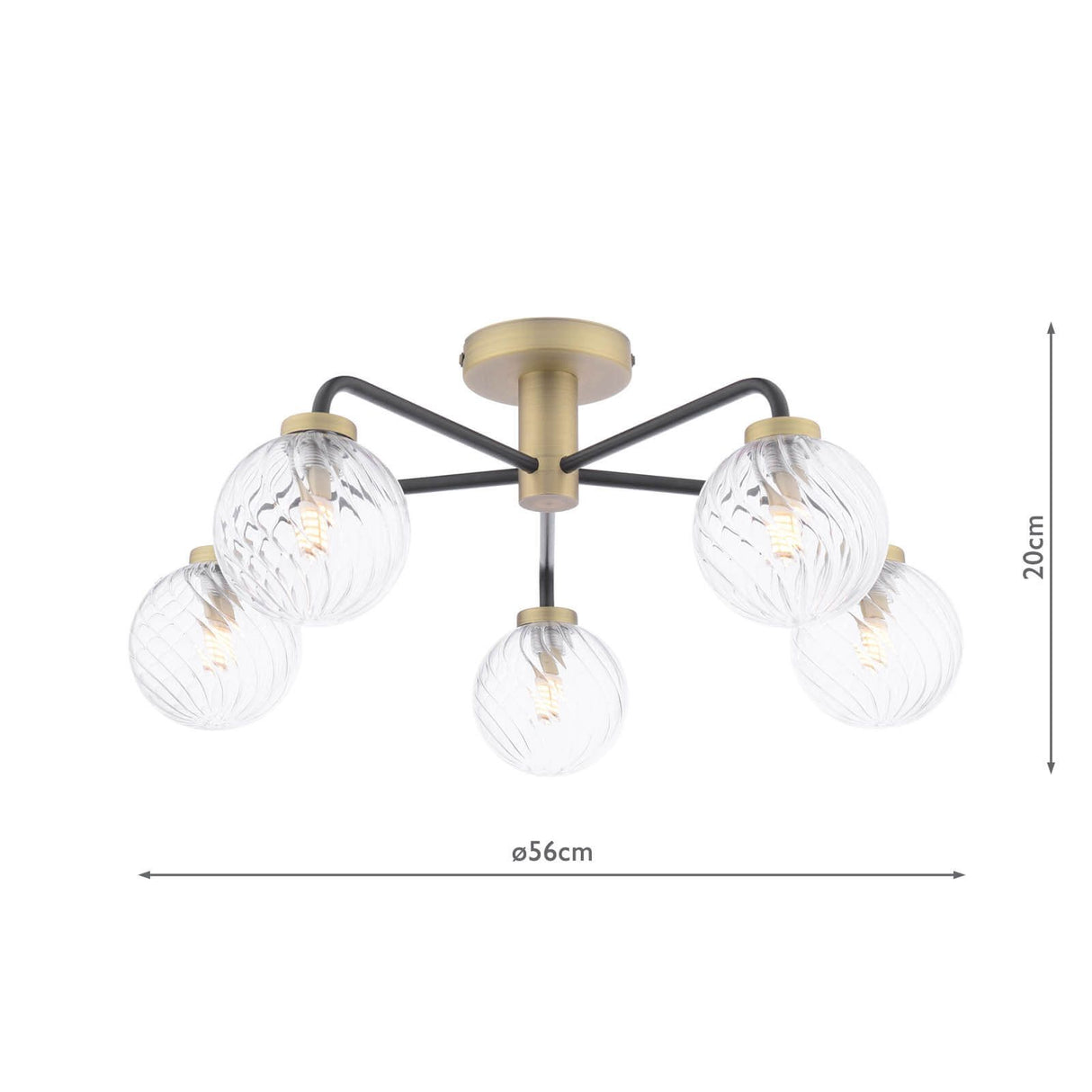 Lainey 5 Light Semi-Flush Matt Black and Antique Brass With Twisted Glass
