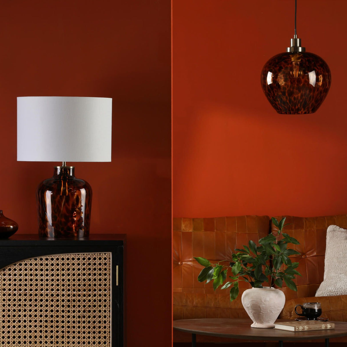 Leandra Dual Light Table Lamp Tortoiseshell Glass With Shade