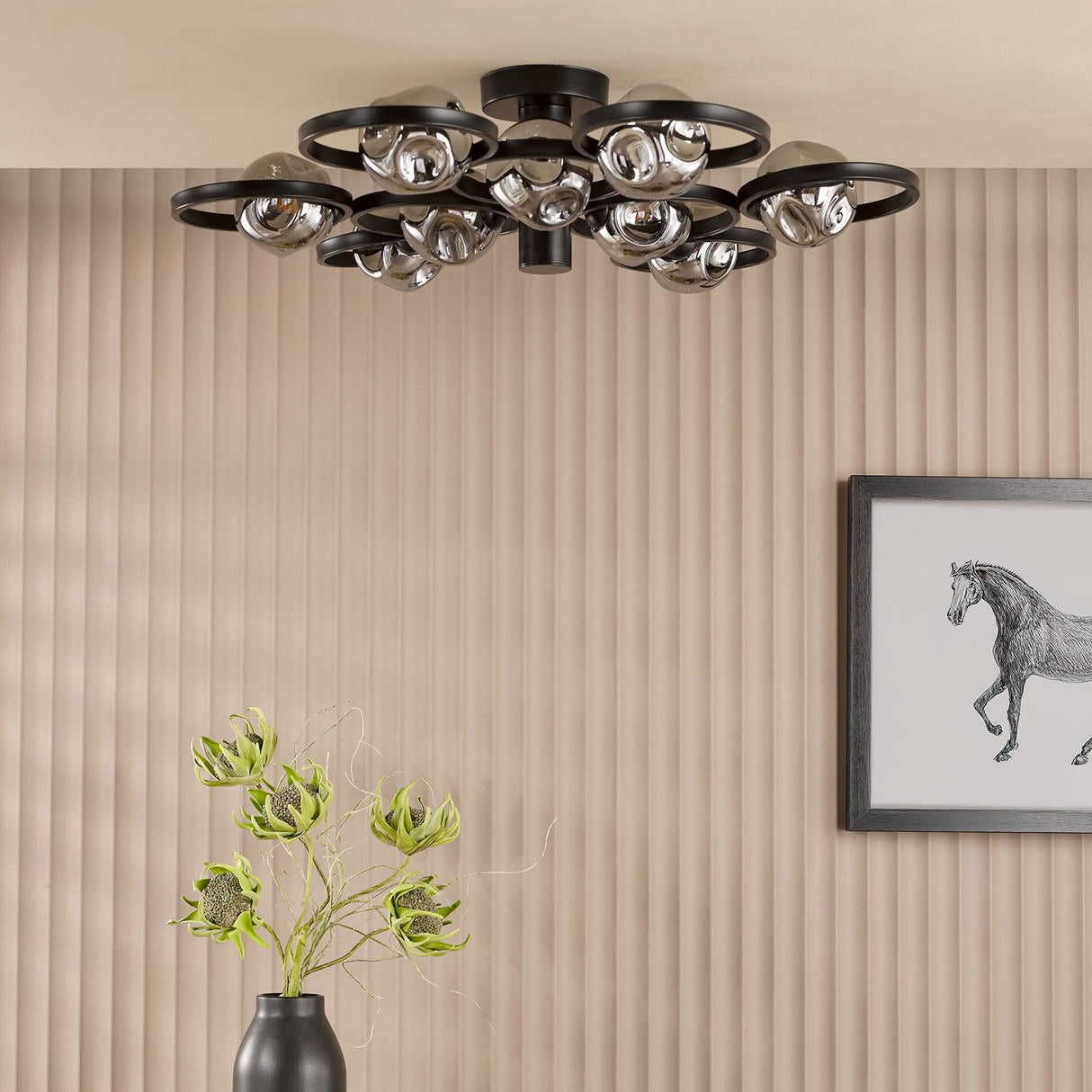 Lynette 9 Light Semi-Flush Satin Black With Closed Organic Smoked Glass