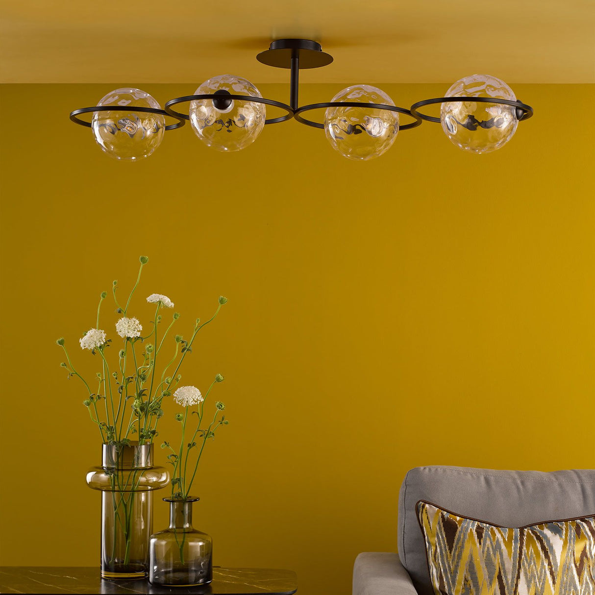 Olympus 4 Light Semi-Flush Matt Black With Clear Dimpled Glass