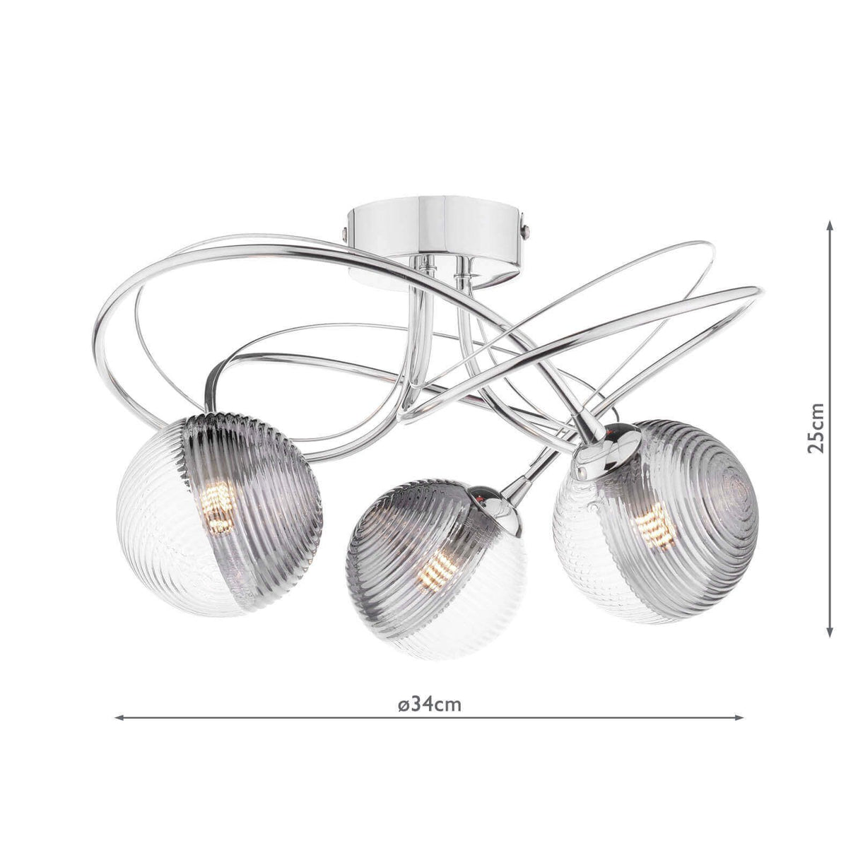 Onawa 3 Light Semi Flush Polished Chrome With Smoked/Clear Ribbed Glass