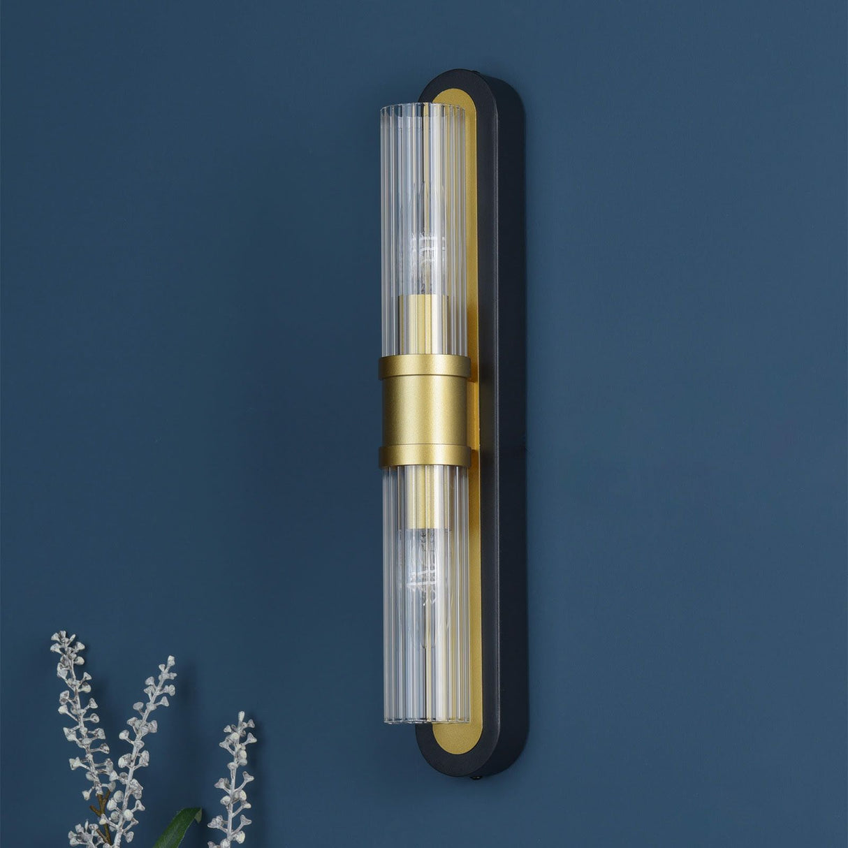 Rhian 2 Light Wall Light Matt Black and Ribbed Glass