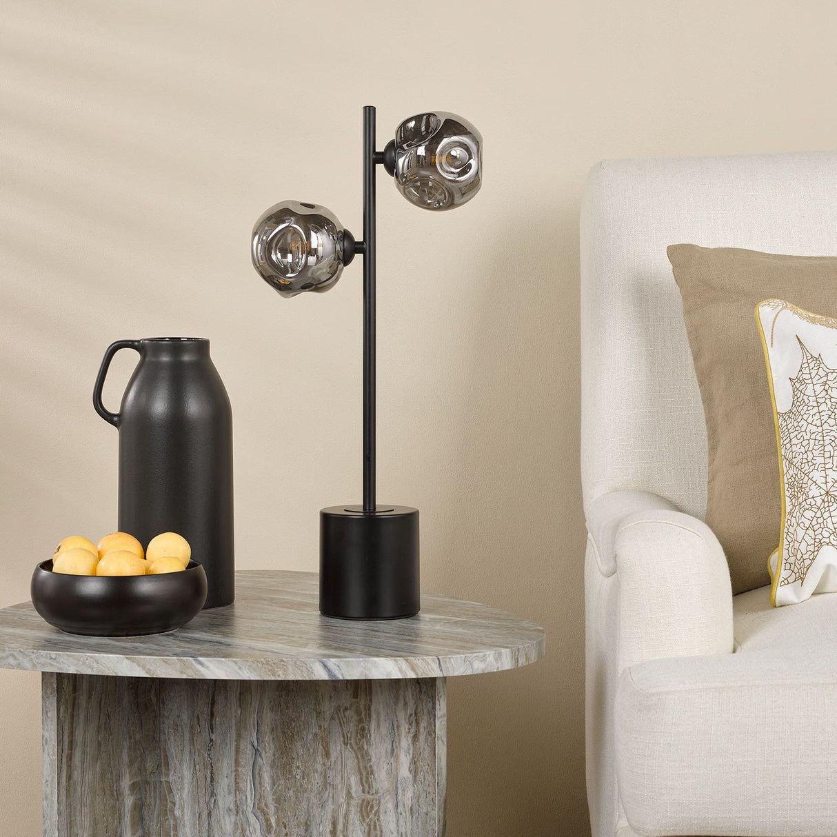 Spiral 2 Light Table Lamp Matt Black With Closed Organic Smoked Glass
