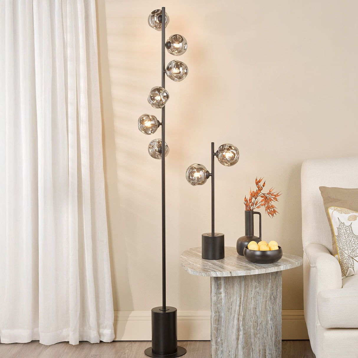 Spiral 6 Light Floor Lamp Matt Black With Closed Organic Smoked Glass