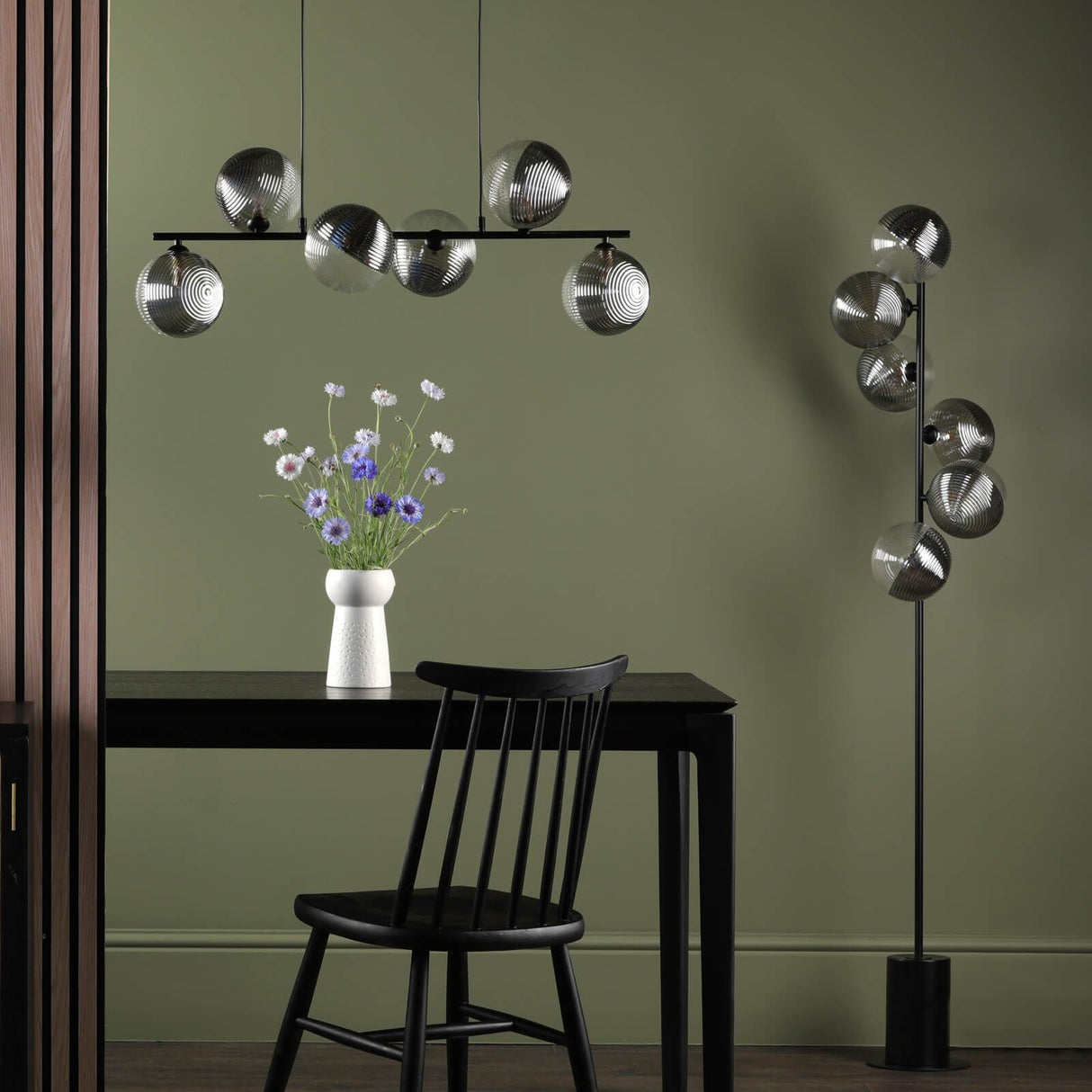 Spiral 6 Light Bar Pendant Matt Black With Smoked/Clear Ribbed Glass