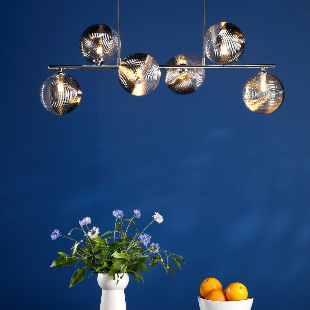 Spiral 6 Light Bar Pendant Polished Chrome With Smoked/Clear Ribbed Glass