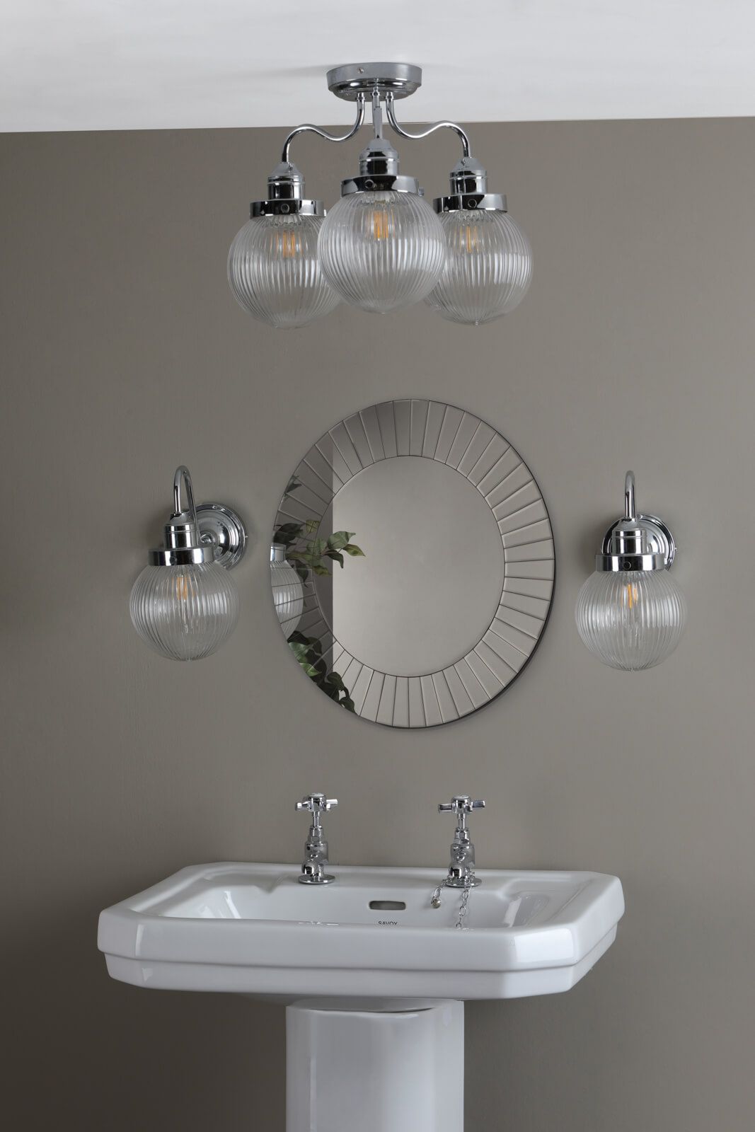 Tamara 3 Light Bathroom Semi Flush Polished Chrome Ribbed Glass IP44