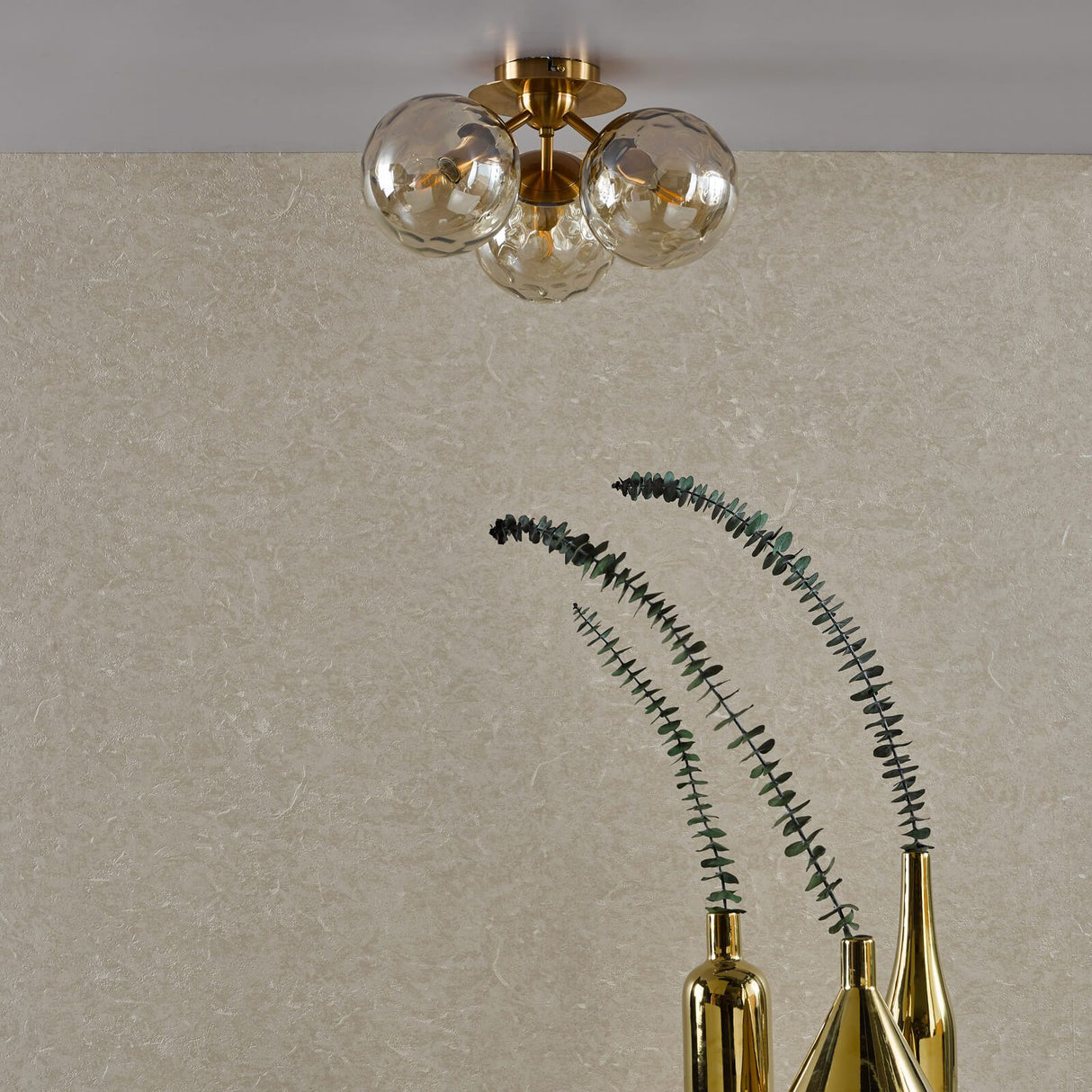 Ulrika 3 Light Flush Antique Brass and Amber Glass