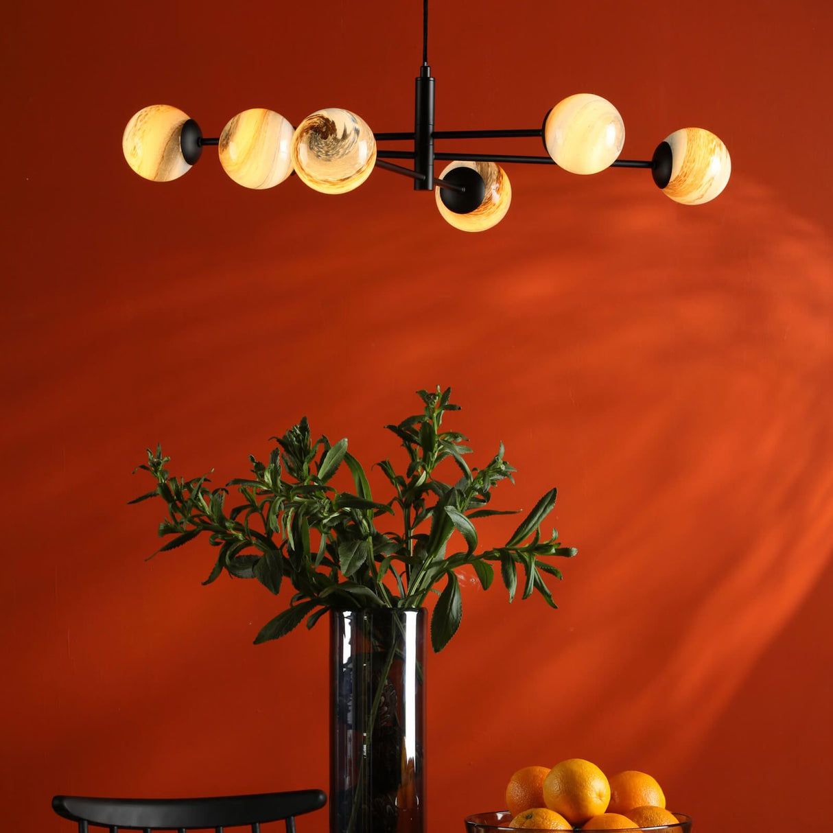 Vignette 6 Light Pendant Matt Black With Planet Style Glass