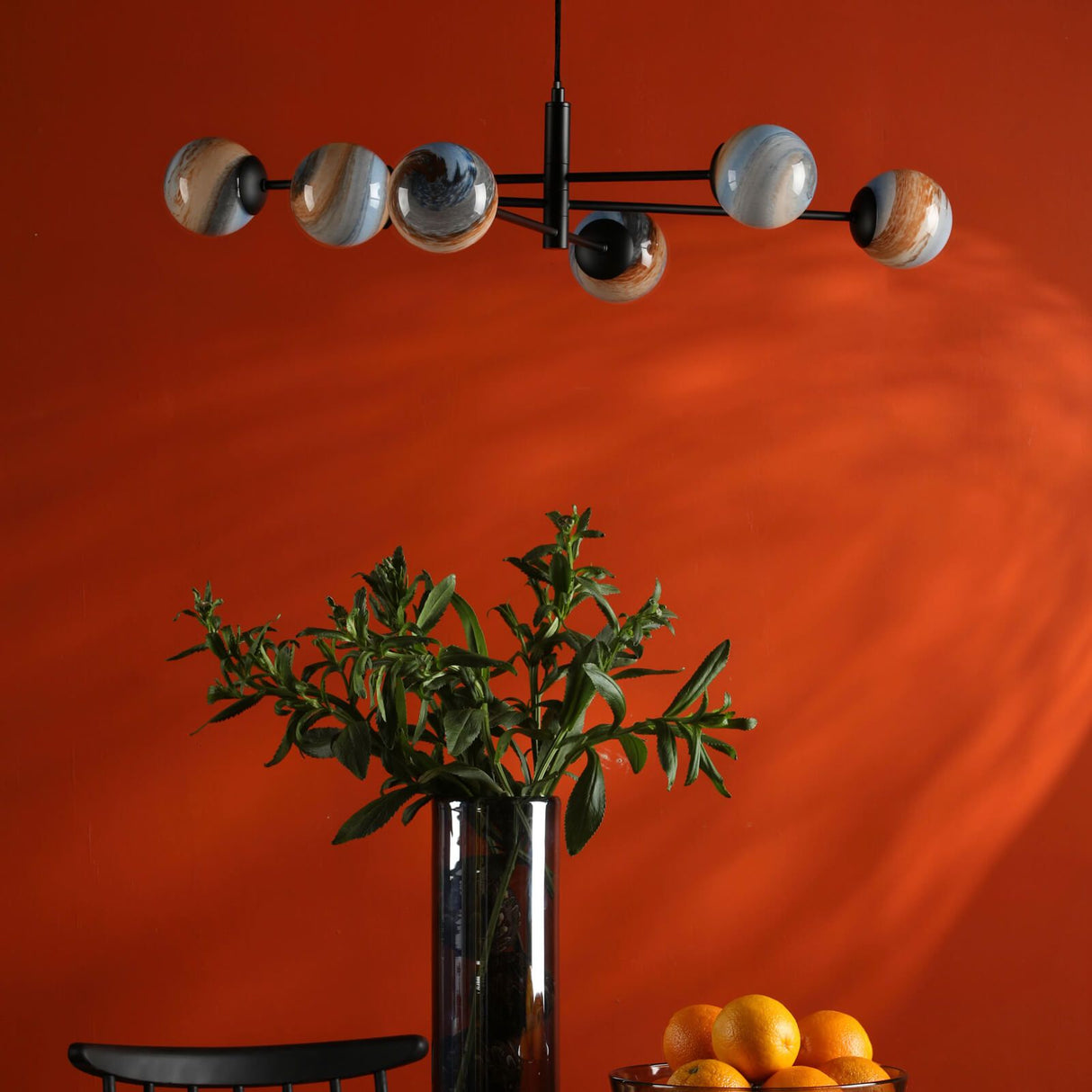 Vignette 6 Light Pendant Matt Black With Planet Style Glass
