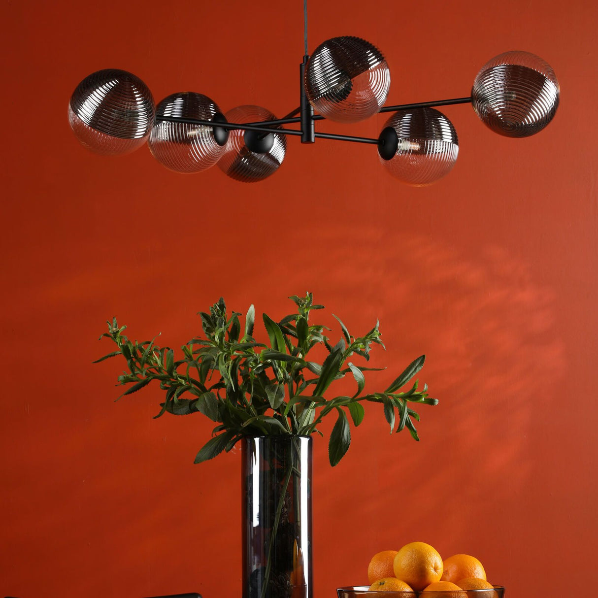 Vignette 6 Light Pendant Matt Black With Smoked/Clear Ribbed Glass