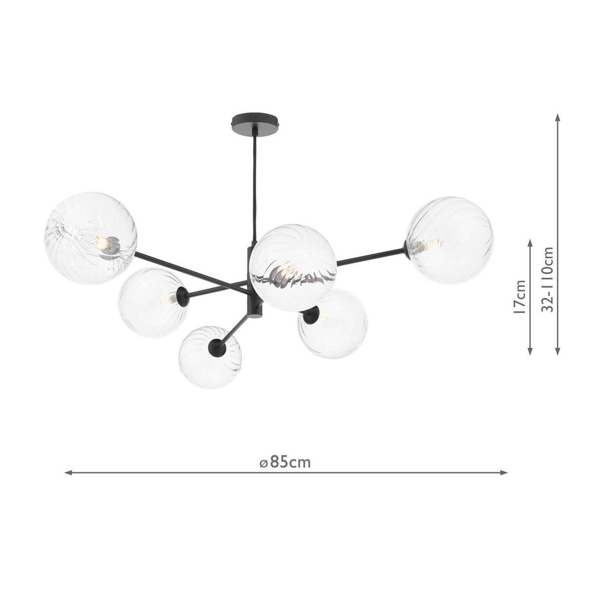 Vignette 6 Light Pendant Matt Black With Closed Glass